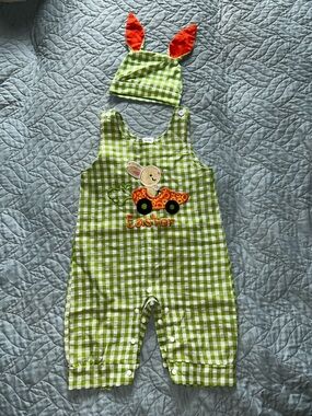 Unisex Green Gingham Easter Bunny Romper with Hat